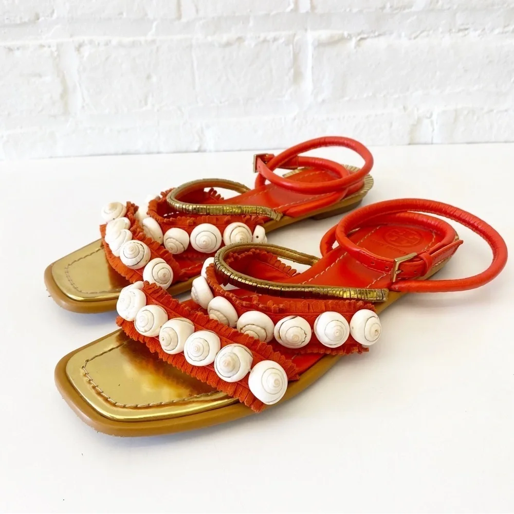 Tory Burch || Sinclair‎ Seashell Sandal Strappy Fringe Gold Orange Red 7.5